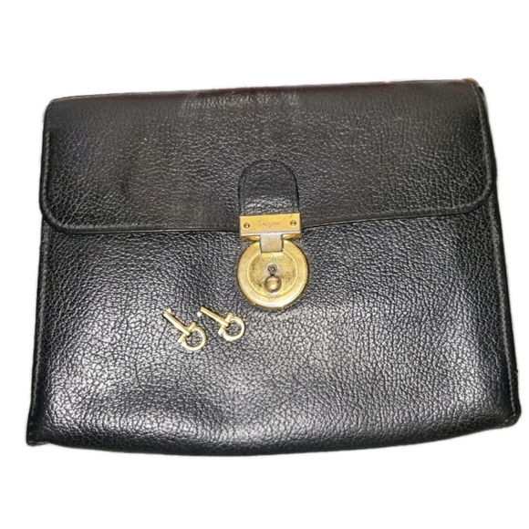 Vintage Salvatore Ferragamo Black Leather Clutch with Gold Lock And 2 Keys - Picture 2 of 10